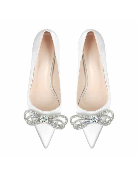Pointed Toe Rhinestone Bow Mid Heel Pumps