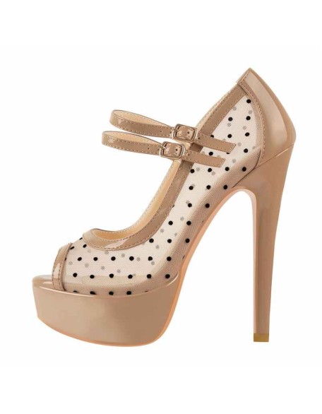 Mesh Polka Dots Peep Toe Platform High Heel Mary Jane Pumps
