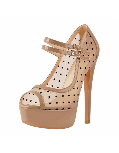 Mesh Polka Dots Peep Toe Platform High Heel Mary Jane Pumps