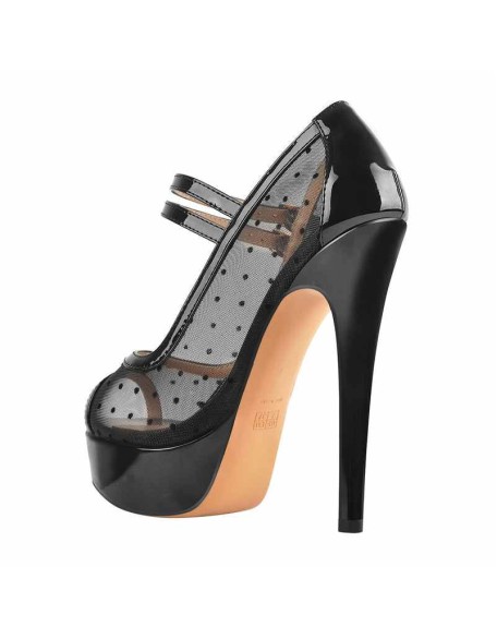 Mesh Polka Dots Peep Toe Platform High Heel Mary Jane Pumps
