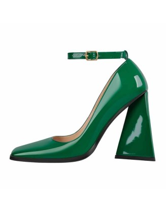 Patent Leather Ankle Strap Chunky High Heel Pumps