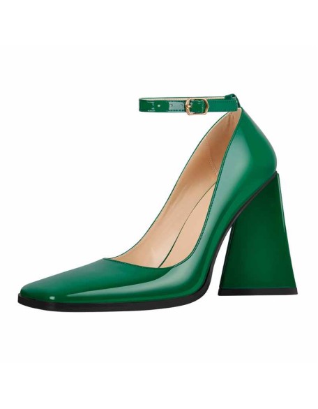 Patent Leather Ankle Strap Chunky High Heel Pumps