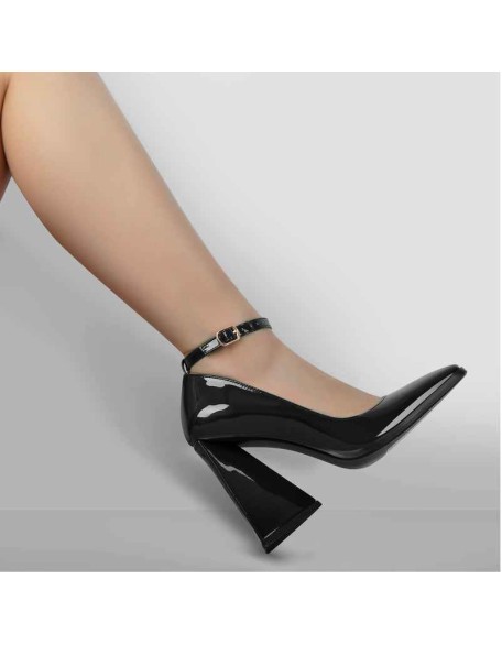 Patent Leather Ankle Strap Chunky High Heel Pumps