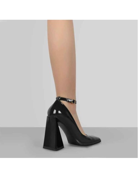 Patent Leather Ankle Strap Chunky High Heel Pumps