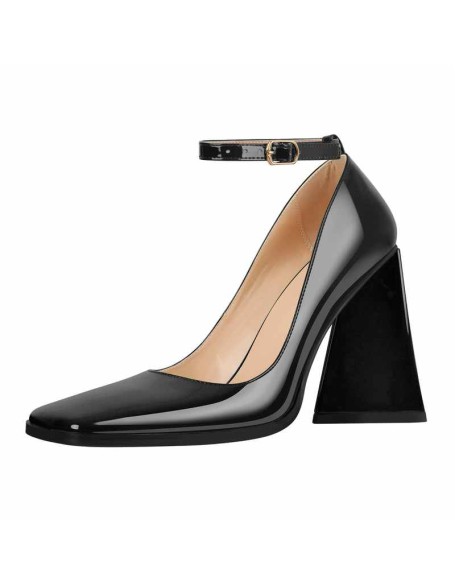 Patent Leather Ankle Strap Chunky High Heel Pumps