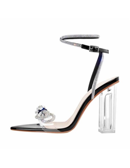 Rhinestone Bow Clear Chunky Heel Sandals