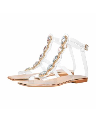 Rhinestone T-Strap Open Toe Flat Sandals