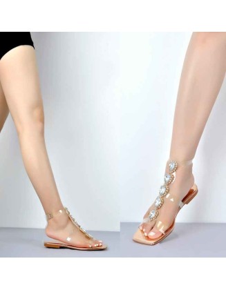 Rhinestone T-Strap Open Toe Flat Sandals