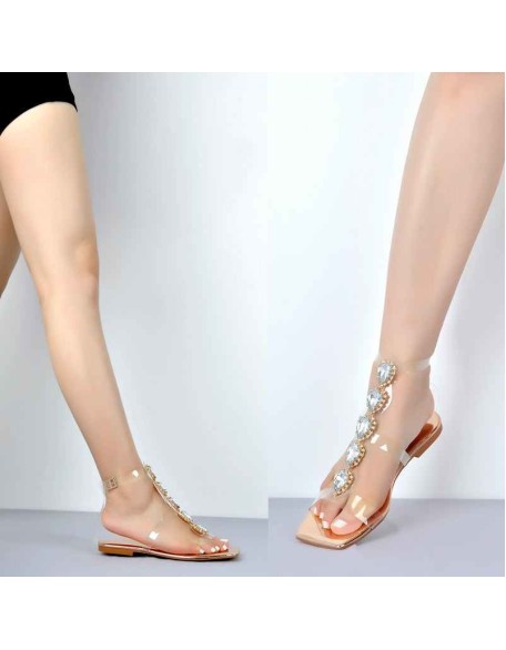 Rhinestone T-Strap Open Toe Flat Sandals