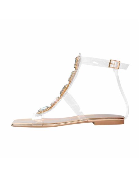 Rhinestone T-Strap Open Toe Flat Sandals