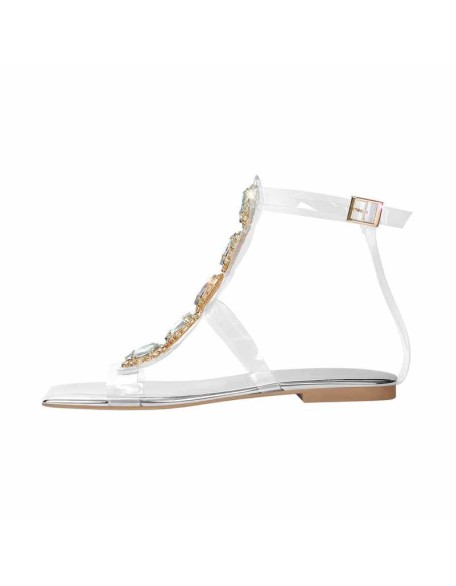 Rhinestone T-Strap Open Toe Flat Sandals