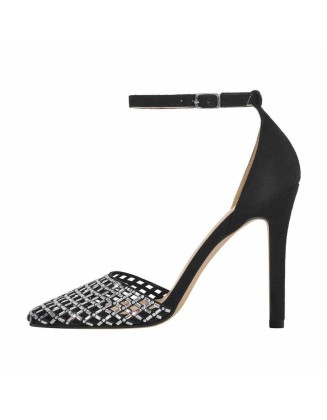 Cutout Rhinestone Mesh Round Toe Pumps
