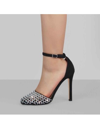 Cutout Rhinestone Mesh Round Toe Pumps