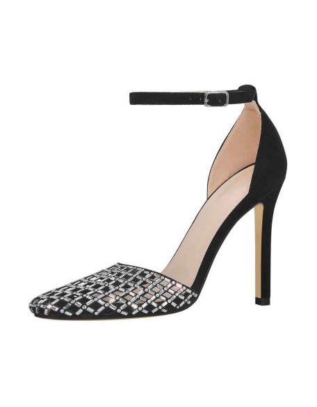 Cutout Rhinestone Mesh Round Toe Pumps
