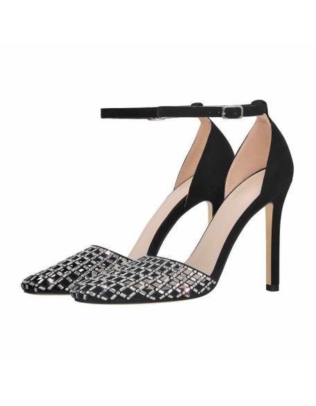 Cutout Rhinestone Mesh Round Toe Pumps