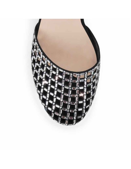 Cutout Rhinestone Mesh Round Toe Pumps