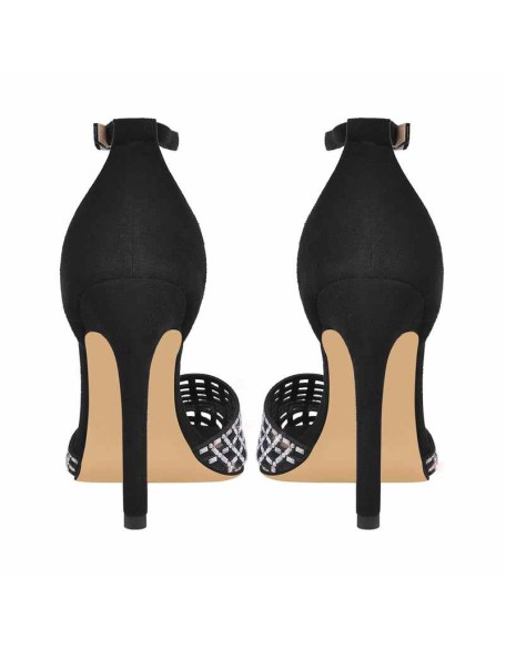 Cutout Rhinestone Mesh Round Toe Pumps