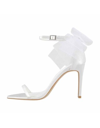 White Mesh Bow Ankle Strap Sandals