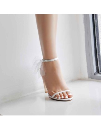 White Mesh Bow Ankle Strap Sandals