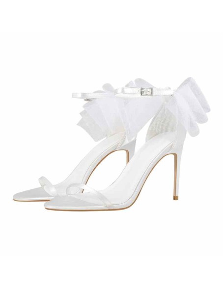White Mesh Bow Ankle Strap Sandals