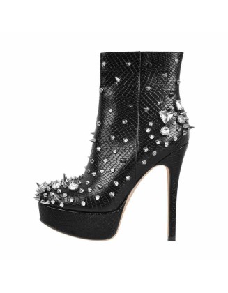 Black Rhinestone Rivet Studded Platform Ankle Boots