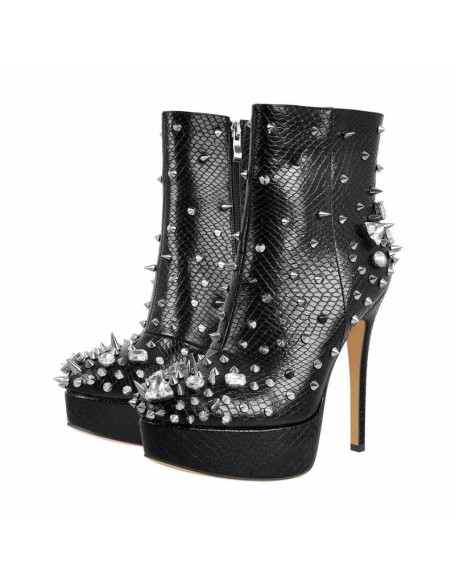 Black Rhinestone Rivet Studded Platform Ankle Boots