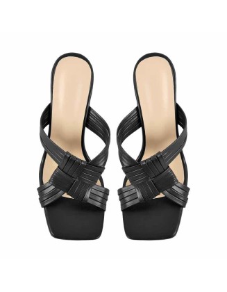 Black Open Toe Mid Kitten Heel Sandals Mules