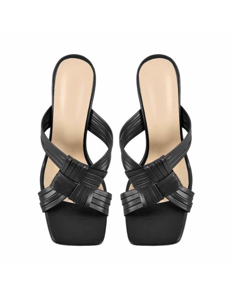 Black Open Toe Mid Kitten Heel Sandals Mules
