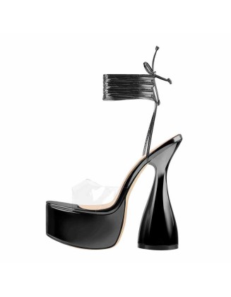 Black Platform Lace up Chunky High Heel Sandals