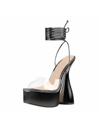 Black Platform Lace up Chunky High Heel Sandals