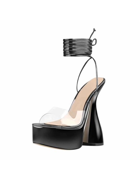Black Platform Lace up Chunky High Heel Sandals