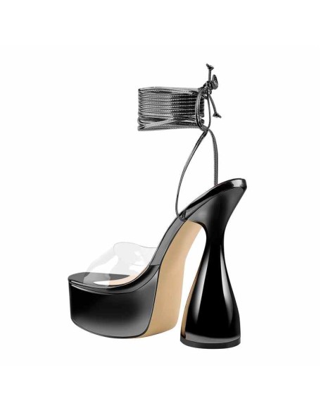 Black Platform Lace up Chunky High Heel Sandals