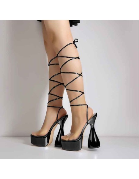 Black Platform Lace up Chunky High Heel Sandals
