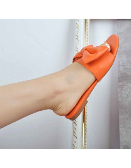 Orange Bow Round Toe Flat Sandals