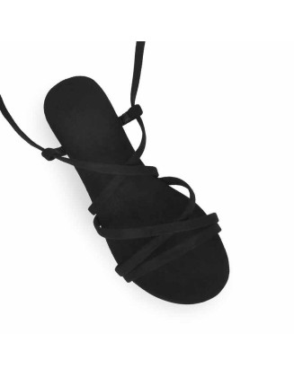 Black Suede Lace Up Sandals Flats