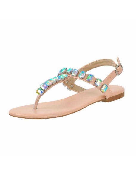 Rhinestone Flat T-Strap Thong Sandals