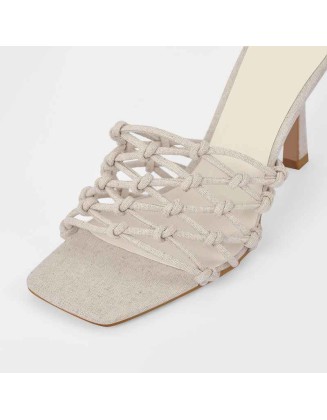 Linen Weave Sandals Square Open Toe High Heel Mules