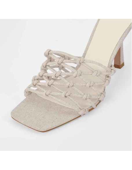 Linen Weave Sandals Square Open Toe High Heel Mules