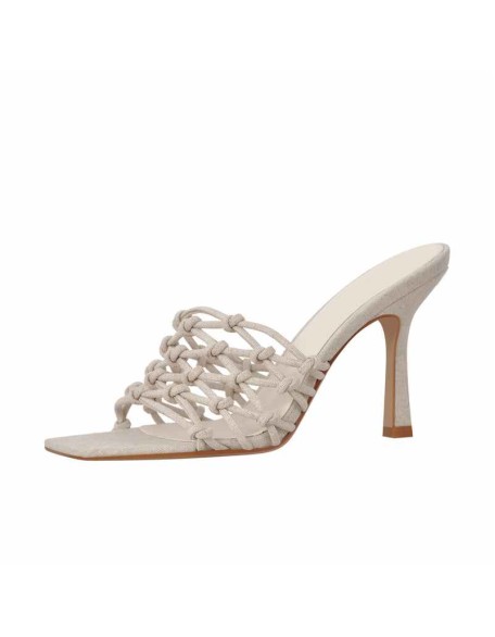 Linen Weave Sandals Square Open Toe High Heel Mules