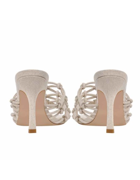 Linen Weave Sandals Square Open Toe High Heel Mules