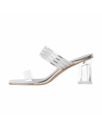 Square Toe Frosted Strap Clear Chunky Heel Sandals