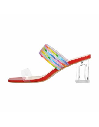Square Toe Frosted Strap Clear Chunky Heel Sandals