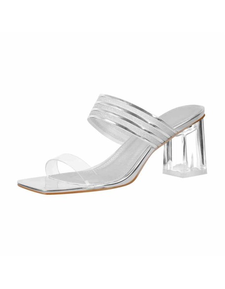 Square Toe Frosted Strap Clear Chunky Heel Sandals