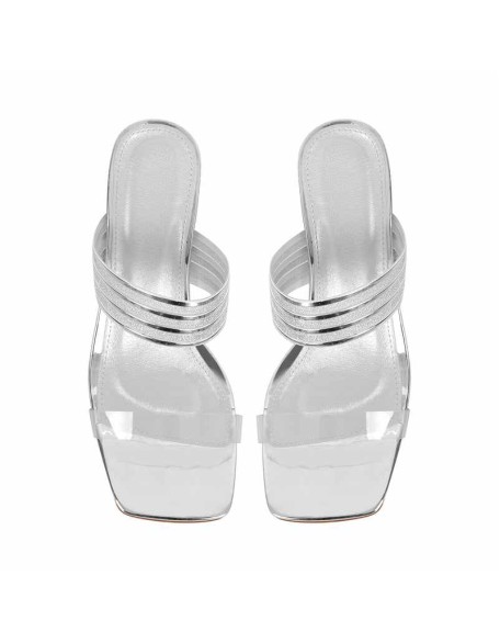 Square Toe Frosted Strap Clear Chunky Heel Sandals