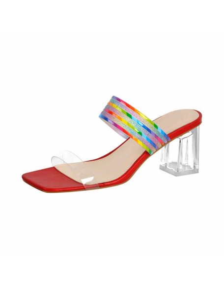Square Toe Frosted Strap Clear Chunky Heel Sandals