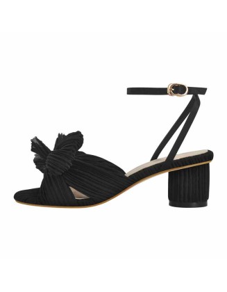 Pleated Bowknot Mid Chunky Heel Sandals