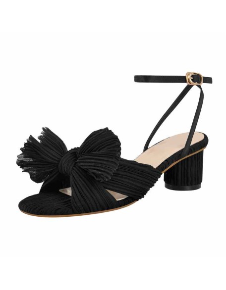 Pleated Bowknot Mid Chunky Heel Sandals