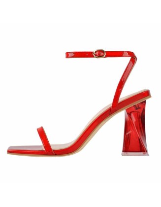 Square Open Toe High Heels Red Sandals