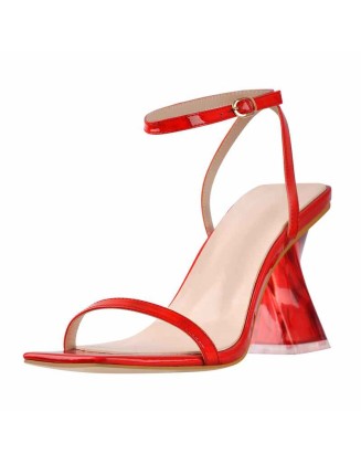Square Open Toe High Heels Red Sandals