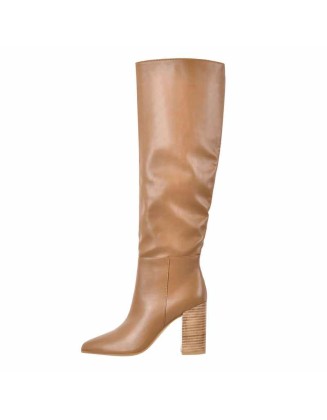 Pull On Chunky Block Heels Knee High Boots